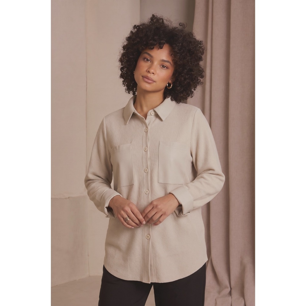 Sioni Women's Medium Beige Coatigan Button Up Sweater Faux Leather Trim Knit